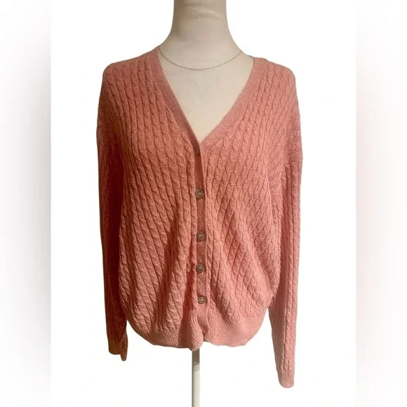Gallagher XL Pink Cable Knit Cardigan Sweater Button Front Grandma Core Cottage - Picture 6 of 6